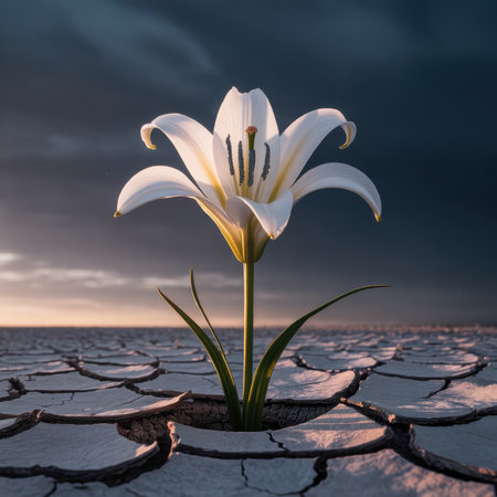 White lily flower emerging from dry, cracked earth under a dramatic dark sky. concept of hope, resilience, survival, and growth in challenging conditions.の素材
