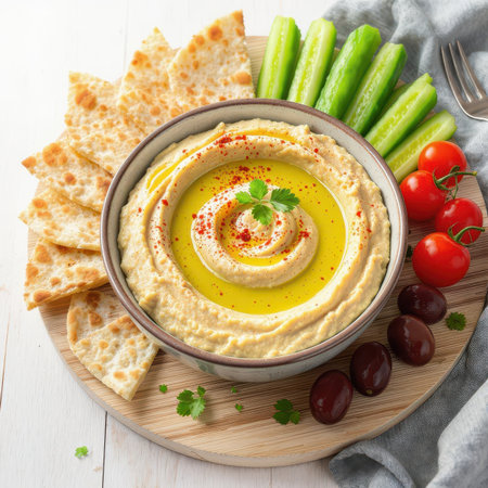 Creamy hummus in a rustic bowl, garnished with olive oil, paprika, and parsley, served with pita bread, cucumber sticks, cherry tomatoes, and black olives on a wooden board.の素材