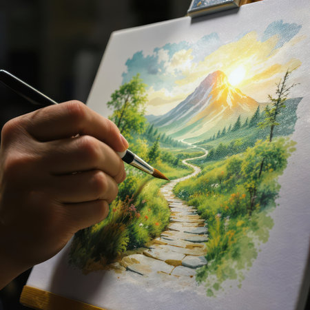 Hand meticulously painting a vibrant watercolor landscape on canvas, featuring a majestic mountain, winding path, lush green trees, and a bright sun.の素材