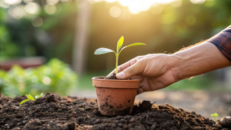 Man hand carefully places a vibrant green seedling in a terracotta pot into dark, fertile soil under warm sunlight, symbolizing growth and new beginnings.の素材