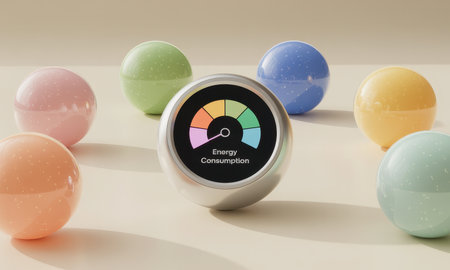 Sleek smart home hub with a circular display showing energy consumption levels, surrounded by colorful pastel spheres. represents modern technology, efficiency, and sustainable living.の素材