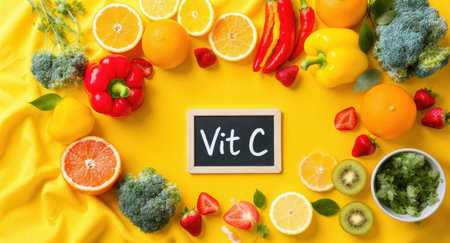 Fresh fruits and vegetables rich in vitamin C, including oranges, lemons, kiwis, strawberries, bell peppers, and broccoli, arranged with a chalkboard displaying vit c on a vibrant yellow fabric.の素材