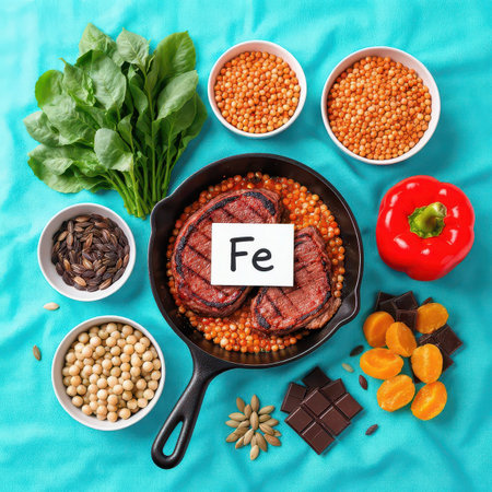 Diverse iron rich foods including grilled steak, fresh spinach, lentils, and dark chocolate, highlighted with an fe symbol, essential for a healthy diet and nutrition.の素材