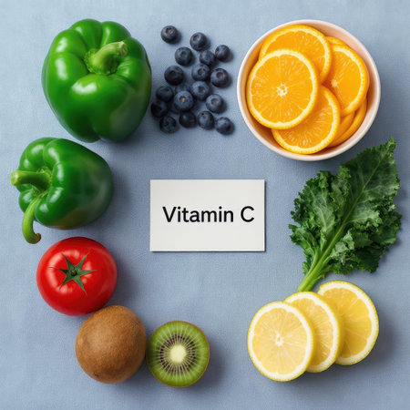 Assortment of fresh fruits and vegetables high in vitamin C, including oranges, bell peppers, kiwi, tomato, blueberries, kale, and lemon slices, artfully arranged on a light blue surface with a vitamin c card.の素材