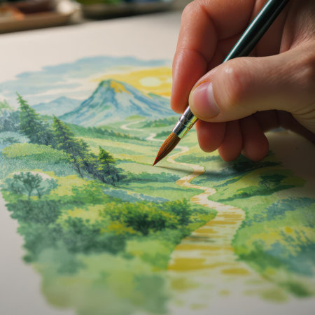 Hand meticulously painting a vibrant watercolor landscape featuring green hills, tall trees, a winding path, and a majestic mountain under a bright sun.の素材