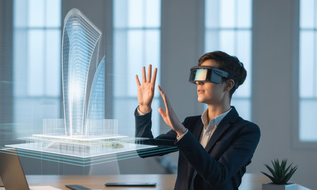 Professional woman wearing augmented reality glasses interacting with a holographic 3D model of a modern skyscraper, showcasing future architectural design and technology in an office.の素材