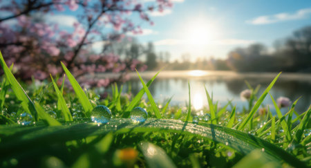 Fresh green grass blades covered with glistening dewdrops, illuminated by the morning sun rising over a tranquil lake, with soft pink spring blossoms in the background.の素材
