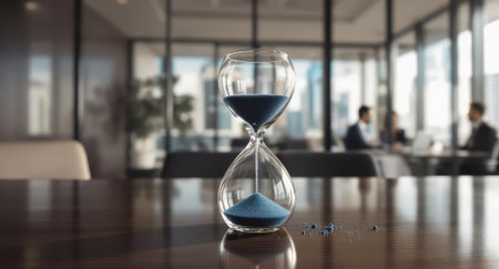Blue sand hourglass on a polished dark wooden office table, with some sand spilled. modern office environment with blurred business people in the background, conveying concepts of time, deadline, and urgency.の素材