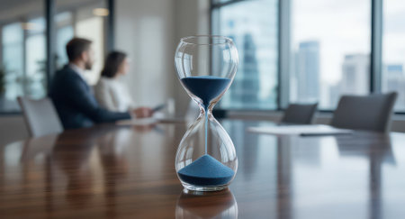 Crystal clear hourglass with dark blue sand on a polished wooden office table. blurred business professionals in a modern meeting room background symbolize time management, deadlines, and corporate urgency.の素材