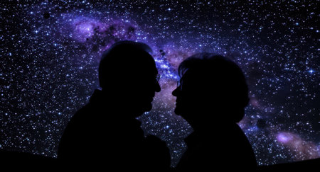 Silhouettes of an elderly couple gazing at each other, set against a breathtaking backdrop of a vibrant starry night sky and a colorful galaxy, symbolizing eternal love and connection.の素材