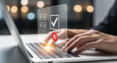 Woman hands typing on a laptop keyboard, interacting with a glowing holographic display showing a digital survey with checkboxes and a large checkmark, symbolizing online feedback, assessment, and decision making.の素材
