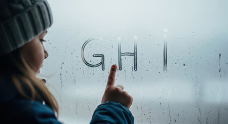 Young child in a winter hat tracing the letters GHI on a fogged window, creating patterns in the condensation.の素材