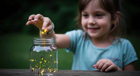 Young girl gently placing a glowing firefly into a glass jar, capturing the magic of summer nights and childhood wonder outdoors.の素材