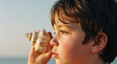 Young boy holding a conch shell to his ear, listening intently with a focused expression, evoking childhood wonder and the sound of the ocean.の素材