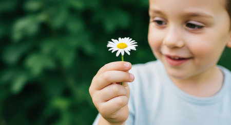 Smiling little boy holding a fresh white daisy flower, symbolizing innocence, childhood, and connection to nature in a vibrant green outdoor setting.の素材