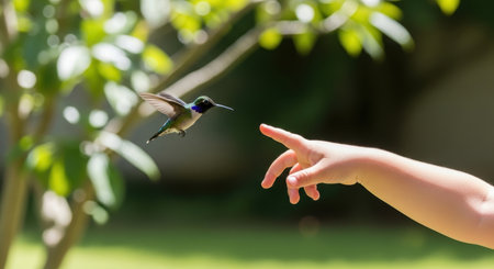Small child hand extended towards a tiny, iridescent hummingbird suspended in flight. bright green leaves and soft sunlight illuminate the natural outdoor scene.の素材