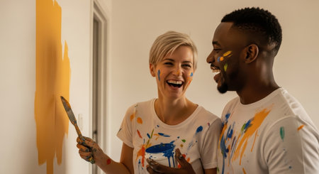 Interracial couple laughing and having fun while painting a wall with yellow paint and colorful splatters on their clothes.の素材