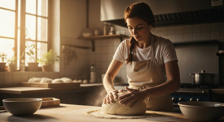 Woman baker kneading fresh dough on a wooden counter in a rustic kitchen. warm sunlight streams through the window, highlighting the flour dust. focus on homemade bread preparation and traditional baking craft.の素材