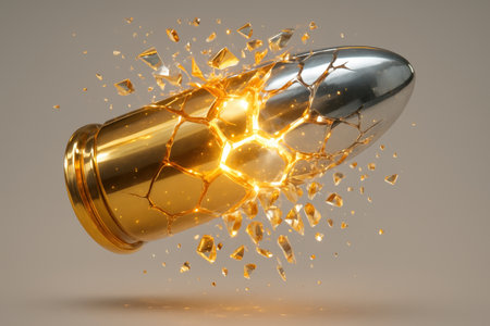 Gold and silver bullet shattering into numerous luminous geometric fragments. explosive impact creating a dynamic burst of light and metallic pieces.の素材