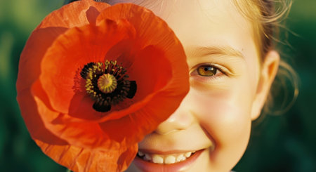 Close up of a cheerful young girl with a vibrant red poppy flower covering one eye, smiling brightly in a natural outdoor setting. captures childhood joy, innocence, and summer beauty.の素材