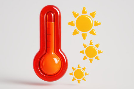 Red thermometer with high temperature reading and three bright yellow sun icons, symbolizing intense heat, summer, and global warming.の素材