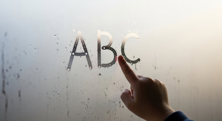 Small child finger tracing the alphabet letters ABC on a window pane covered with mist and water droplets. concept of early education, childhood learning, and creativity.の素材