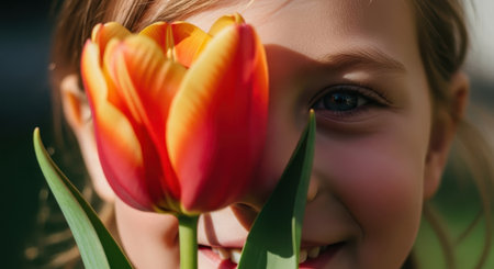Close up of a young girl face peeking from behind a vibrant red and orange tulip, her eye visible and smiling, capturing innocence and joy in natural light.の素材