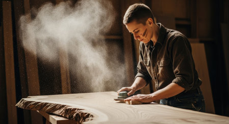 Woodworker meticulously sands a large live edge wood slab, generating a cloud of fine sawdust. emphasizes craftsmanship and the natural beauty of wood.の素材