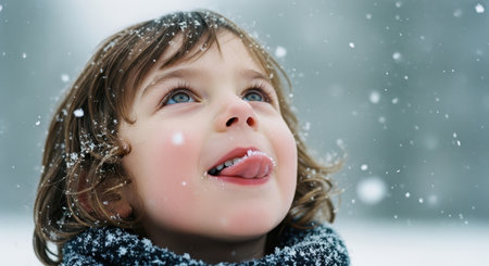 Young boy with curly hair looking up, tongue out, trying to catch falling snowflakes. winter scene with snow on hair and scarf, expressing joy and wonder.の素材