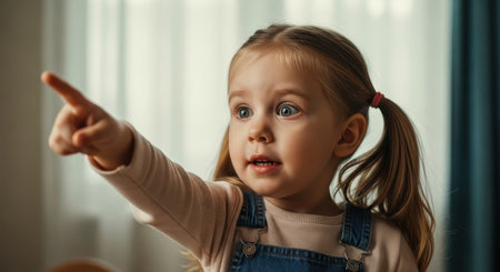 Adorable little girl with pigtails pointing forward, eyes wide with curiosity and wonder, expressing innocent discovery and surprise.の素材