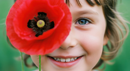 Close up portrait of a happy little girl with a vibrant red poppy flower partially obscuring her face, smiling with one eye visible. represents childhood joy and connection with nature.の素材