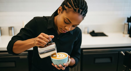 Skilled black woman barista carefully pours steamed milk from a pitcher, creating beautiful latte art in a light blue cup on a clean cafe counter. focus on precision and craftsmanship.の素材
