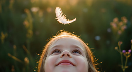 Happy young girl looking up with a joyful expression at a white feather floating above her in a sunlit outdoor environment.の素材