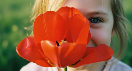 Young girl face partially hidden by a large red tulip, with one blue eye visible and a gentle smile. captures innocence and joy in a spring garden.の素材
