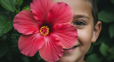 Young boy face partially covered by a vibrant red hibiscus flower, smiling happily amidst green foliage. natural light, close up, expressing childhood joy and innocence.の素材