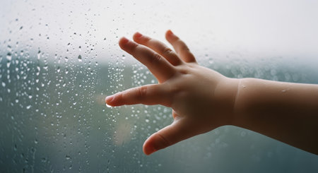 Small child hand gently touches a windowpane covered in numerous raindrops. a single water drop rests on the fingertip, conveying innocence and curiosity on a rainy day.の素材