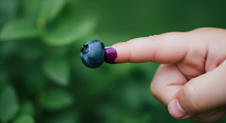 Small child finger gently presses a ripe blueberry, purple juice subtly staining the fingertip. fresh fruit, organic produce, and healthy eating concept.の素材