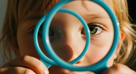 Close up of a young child face, with one green eye magnified through a blue toy magnifying glass, showing curiosity and exploration.の素材
