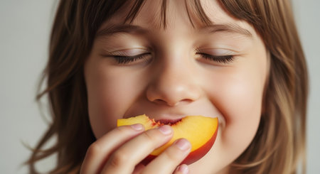 Young girl with closed eyes and a soft smile enjoying a bite of a fresh, juicy peach slice. healthy eating, childhood joy, and natural food concept.の素材