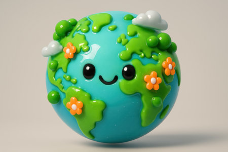 Cute stylized cartoon planet earth with a happy face, vibrant green continents, light blue oceans, white clouds, and orange flowers, symbolizing environmental care and global harmony.の素材