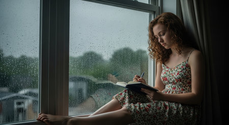 Young woman with curly red hair sitting on a window sill, writing in a journal with a pen. raindrops on the window glass, creating a serene indoor scene during a rainy day.の素材