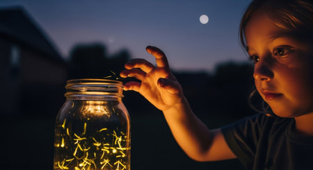 Young child hand reaching into a glass jar filled with glowing fireflies during a summer evening. captures the magic of childhood and nature light.の素材