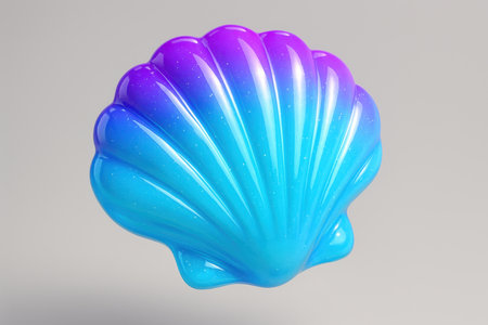 Glossy 3D scallop shell displaying a vibrant blue to purple gradient, with a smooth, ridged surface. marine life symbol, summer, ocean.の素材