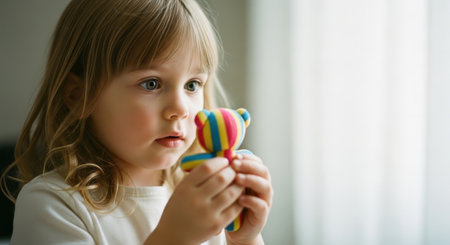 Young girl with blonde hair holding a small, colorful rainbow striped teddy bear, looking at it with curiosity and wonder in a soft indoor setting.の素材