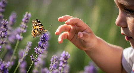 Child hand gently reaching towards a colorful butterfly perched on a vibrant purple lavender flower. capturing a moment of innocent curiosity and interaction with nature in a sunny outdoor setting.の素材