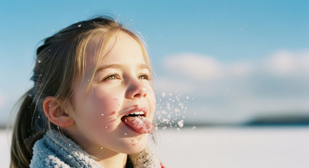 Joyful young girl with blonde hair catching falling snowflakes on her tongue, looking up at the clear blue sky on a sunny winter day.の素材