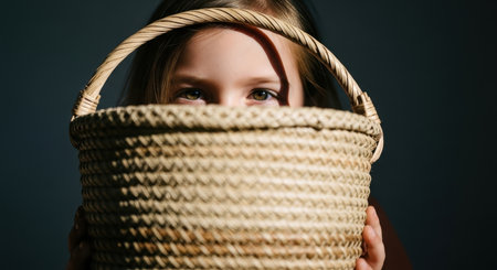 Curious young girl eyes peeking over a natural woven basket, playing hide and seek in a dimly lit setting, evoking innocence and mystery.の素材