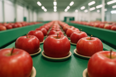Ripe red apples moving on a green conveyor belt in a modern fruit packing facility, showcasing automated sorting and quality control.の素材