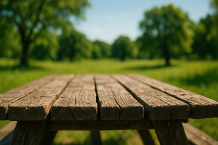 Weathered wooden picnic table with rough planks in focus, set outdoors in a sun drenched green park with blurred trees in the background, offering ample copy space.の素材