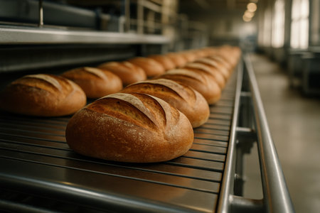 Freshly baked artisan bread loaves cooling on a stainless steel conveyor belt in a large industrial bakery. golden brown crusts and score marks.の素材